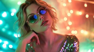 ai généré glamour blond femme dans vert briller robe et bijou des lunettes sur une vibrant néon Contexte. concept pour mascarade, vacances et entreprise faire la fête. idéal pour style les magazines et fête photo