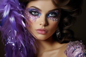 ai généré Jeune glamour brunette avec brillant maquillage dans mascarade masque et violet paillette robe sur une foncé Contexte. idéal pour mode, un événement promotions, ou luxe contenu photo