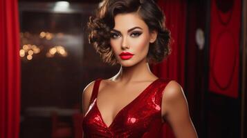 ai généré glamour brunette avec brillant maquillage dans une rouge paillette robe sur une foncé Contexte. concept pour mascarade, vacances, entreprise fête et vie nocturne. idéal pour mode, luxe contenu photo