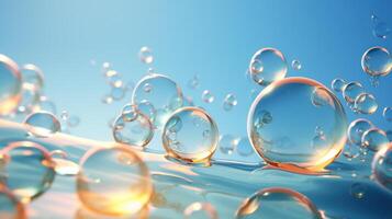 ai généré brillant bulles sur l'eau surface, avec une radiant bleu ciel toile de fond. parfait pour commercialisation faire le ménage, frais, et pur des produits. concept de rafraîchissant, revigorant, propreté. photo