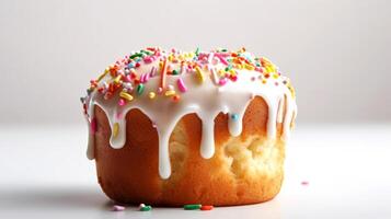 ai généré Pâques kulich gâteau avec blanc glaçage orné avec coloré arrose. traditionnel russe Pâques petit gâteau. sur lumière Contexte. idéal pour de fête recette Blog, fête un événement et vacances photo