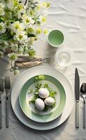 ai généré Haut vue de Pâques à manger table réglage avec assiettes, pastel œufs, fleurs. vert et blanc couleurs. idéal pour mode de vie contenu et magazine se répand concentré sur saisonnier célébrations photo