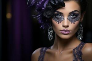 ai généré Jeune glamour brunette avec brillant maquillage dans une mascarade masque et violet paillette robe sur une foncé Contexte. idéal pour mode, un événement promotions, ou luxe contenu photo