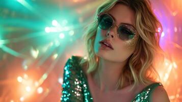 ai généré glamour blond femme dans vert briller robe et bijou des lunettes sur néon Contexte. concept pour mascarade, vacances et entreprise faire la fête. idéal pour style les magazines photo