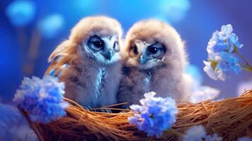 ai généré mignonne hibou poussins dans nid avec bleu fleurs. adorable peu des oiseaux. parfait pour arrière-plan, salutation cartes, enfants livres, bannières, affiches. photo