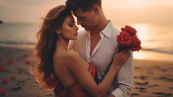 ai généré romantique couple embrassement par le mer à le coucher du soleil avec rouge des roses. intime moment. idéal comme carte postale pour valentines jour, mariage, anniversaire, ou l'amour récit thèmes. concept de romance photo