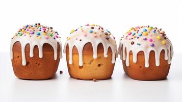 ai généré Trois Pâques Gâteaux, kulich, décoré avec Glaçage et confettis. traditionnel russe Pâques petit gâteau. sur blanc Contexte. pouvez être utilisé dans de fête recette Blog, culinaire magazine, photo