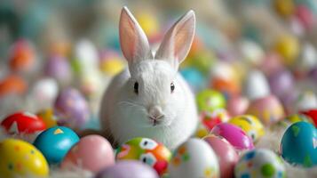 ai généré blanc Pâques lapin entouré par beaucoup coloré vivement peint des œufs. de fête lapin. pour salutation carte, invitation, carte postale, affiche, la toile conception. idéal pour Pâques célébrations photo