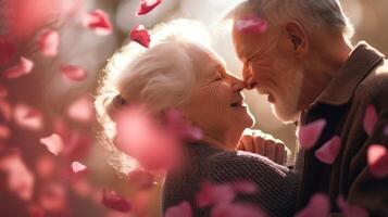 ai généré affectueux personnes âgées couple actions sincère baiser au milieu de une doux Contexte de Rose pétales, évoquant éternel l'amour. idéal pour salutation cartes et sentimental thèmes. valentines journée photo