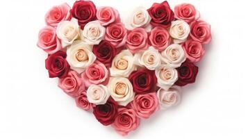 ai généré floral cœur. rose, rouge et blanc des roses arrangé dans cœur forme isolé sur une blanc Contexte. idéal pour valentines jour, anniversaires, ou romantique occasions photo