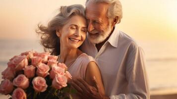 ai généré joyeux Sénior couple avec des roses contre une plage coucher de soleil, symbolisant durable l'amour et affection. parfait pour contenu en relation à anniversaires, aimer, et mature des relations. photo