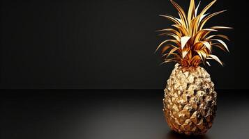 ai généré d'or ananas fabriqué de or contre une foncé arrière-plan, idéal pour luxe l'image de marque et haut de gamme produit présentations, incorporant exclusivité. bijoux fruit. bannière photo