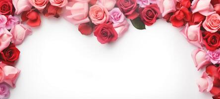 ai généré demi-cercle arrangement de rouge et rose des roses avec épars pétales sur une faire le ménage, blanc surface. bannière avec copie espace. idéal pour valentines jour, anniversaires, ou romantique reprises. photo