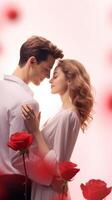 ai généré une couple dans l'amour câlins sur lumière rose flou Contexte avec rouge des roses. adapté pour romantique ou valentines à thème contenu. verticale format photo