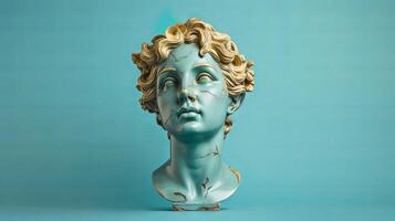 ai généré or vert antique statue de une femelle tête sur une lumière bleu solide Contexte. idéal pour contemporain art projets photo