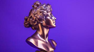 ai généré antique bronze sculpture de une femelle figure contre une vibrant violet toile de fond, parfait pour culturel et artistique représentation photo