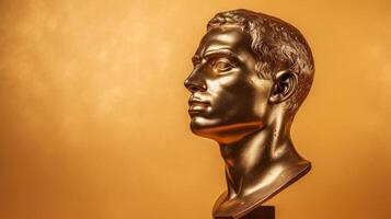 ai généré bronze antique statue de une Masculin tête sur d'or solide Contexte. idéal pour contemporain art projets. bannière avec copie espace. photo