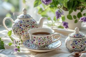 ai généré thé ensemble avec floral vaisselle et fleurs. génératif ai photo