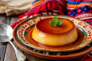 ai généré fait maison Flan avec caramel sauce. crème pudding dans décoratif plat. génératif ai photo