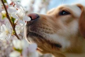 ai généré fermer de une chien reniflement une printemps fleurir. chien odeur fleur. génératif ai photo