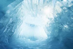 ai généré bleu cristal la glace la grotte entrée et un souterrain rivière sous le glacier. génératif ai photo