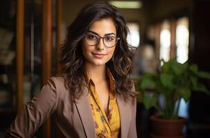 ai généré femme d'affaires dans des lunettes permanent dans bureau, professionnel emploi entretien tenue image photo