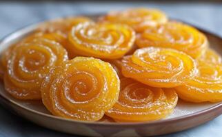 ai généré une assiette de délicieux Jalebi une populaire Indien doux, gudi padwa bonbons et cuisine image photo