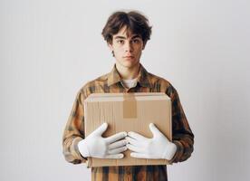 ai généré Jeune Masculin dans blanc gants détient une grand papier carton boîte contre une blanc arrière-plan, en mouvement journée image photo