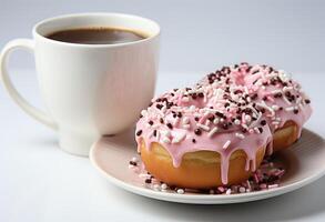 ai généré une café tasse et Donut contre une nettoyer blanc toile de fond, magnifique café tasse image photo
