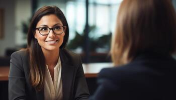 ai généré emploi entretien de une femme avec un américain candidat, professionnel emploi entretien tenue image photo