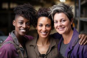 ai généré Trois content femmes apportant la diversité à le bâtiment placer, construction site photo