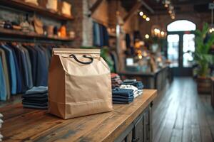 ai généré fermer de une papier sac permanent sur une table dans une boutique photo