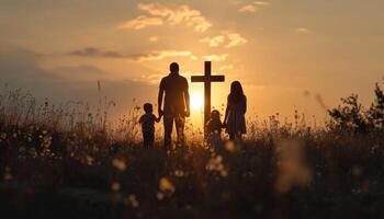 ai généré famille silhouette permanent ensemble par une Christian croix, paume dimanche le coucher du soleil image photo