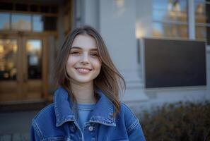 ai généré Jeune femme Heureusement porte une bleu denim veste, mode image photo