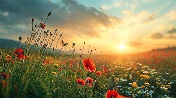 ai généré idyllique Prairie avec floraison les plantes en dessous de une spectaculaire le coucher du soleil ciel. photo