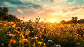 ai généré idyllique Prairie avec floraison les plantes en dessous de une spectaculaire le coucher du soleil ciel. photo