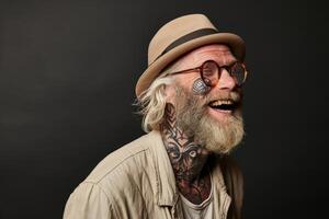 ai généré portrait de une homme avec tatouages sur le sien visage dans lumière vêtements et des lunettes et une chapeau sur une noir Contexte photo