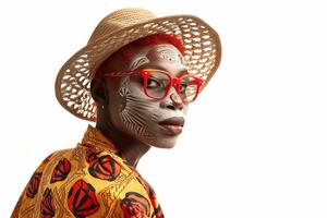 ai généré portrait de un africain homme avec tatouages sur le sien visage dans Orange vêtements et des lunettes sur une blanc Contexte photo