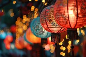 ai généré magnifique rouge et bleu embrasé chinois lanternes pendaison dans une ligne sur une flou bokeh Contexte photo