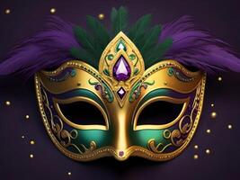 ai généré une mardi gras masque avec violet plumes et or accents photo