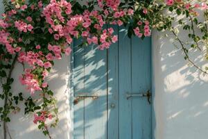 ai généré de face porte entouré par fleurs. génératif ai photo