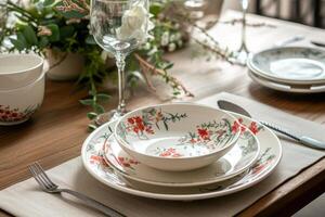 ai généré élégant table réglage avec délicat floral à thème plats. génératif ai photo