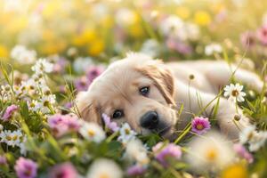 ai généré chien mensonge dans une printemps ensoleillé jardin parmi le fleurs. génératif ai photo