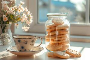 ai généré transparent verre pot avec biscuits dans le intérieur de élégant cuisine. génératif ai photo