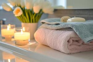 ai généré salle de bains avec doux pastel les serviettes et bougies. génératif ai photo