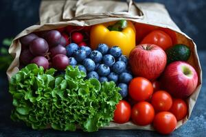 ai généré une artisanat sac avec des légumes et des fruits sur une lumière Contexte. nourriture livraison photo