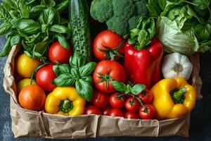 ai généré une kraft sac avec des légumes et des fruits sur une noir Contexte. nourriture livraison photo