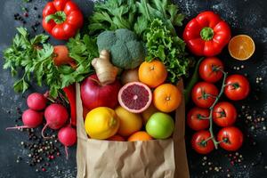 ai généré une kraft sac avec des légumes et des fruits sur une noir Contexte. nourriture livraison photo