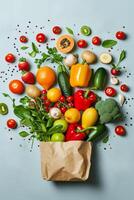 ai généré une artisanat sac avec des légumes et des fruits sur une lumière Contexte. nourriture livraison photo