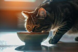 ai généré chat mange nourriture de une bol. mignonne national animal. génératif ai photo